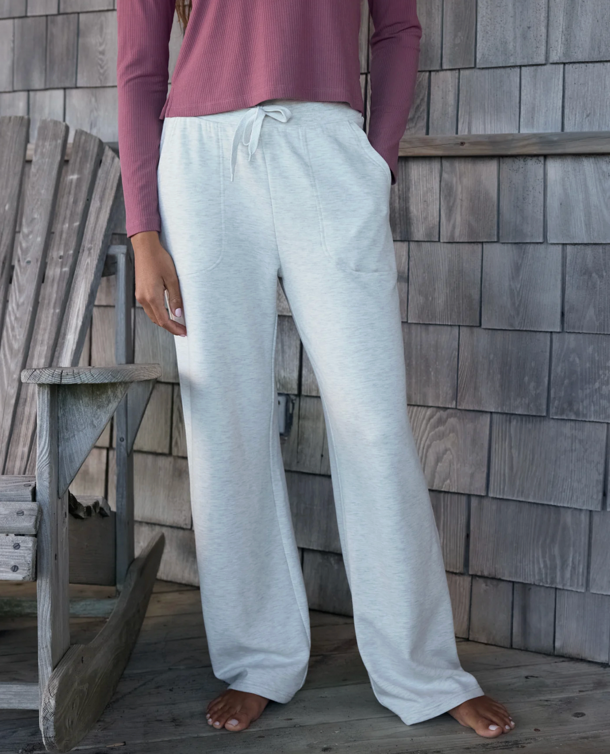 Women's Bamboo Lightweight Fleece Wide Leg Pant - Off White Heather