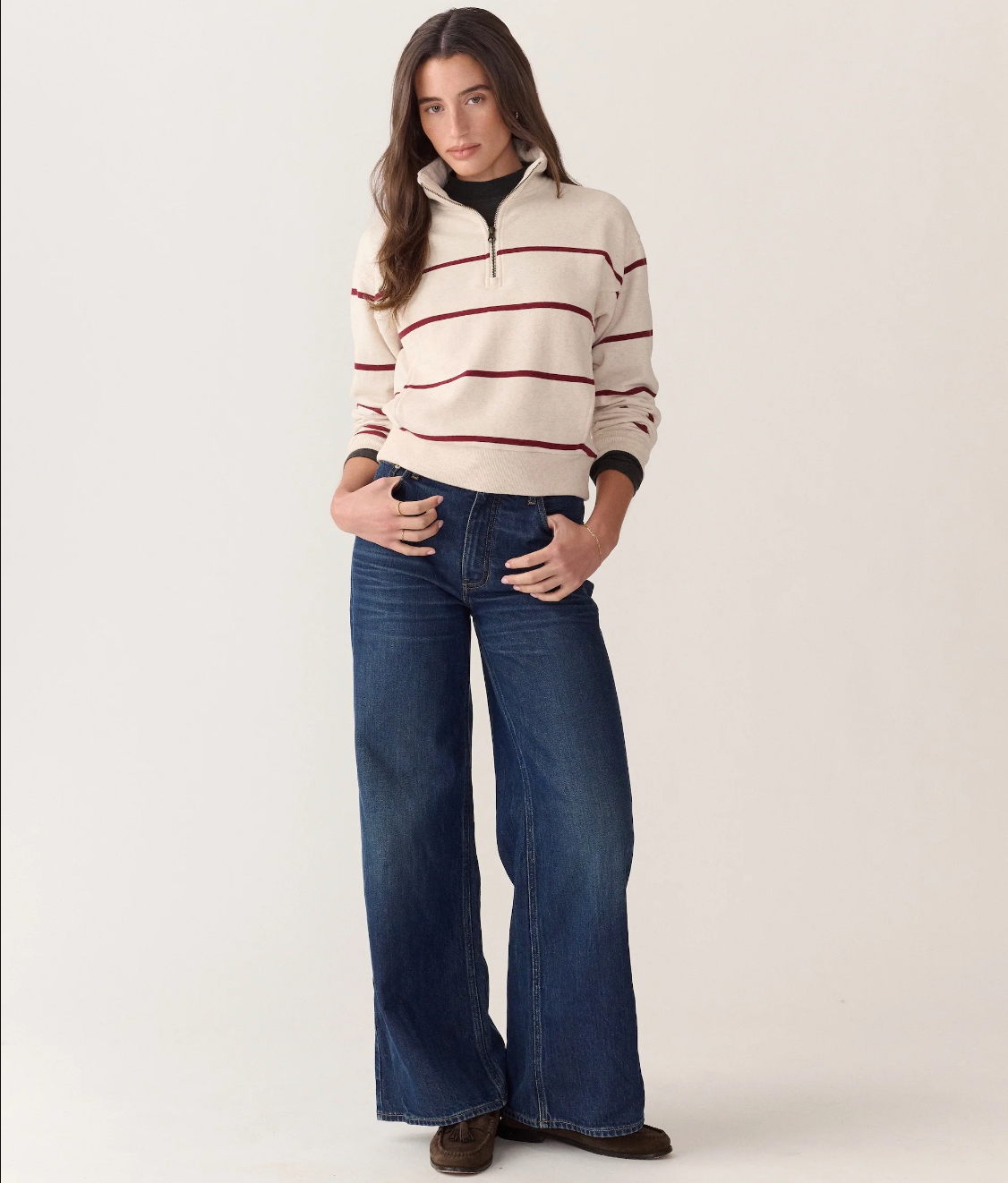 Cloud 9 Fleece Half Zip - Oatmeal & Cabernet Stripe