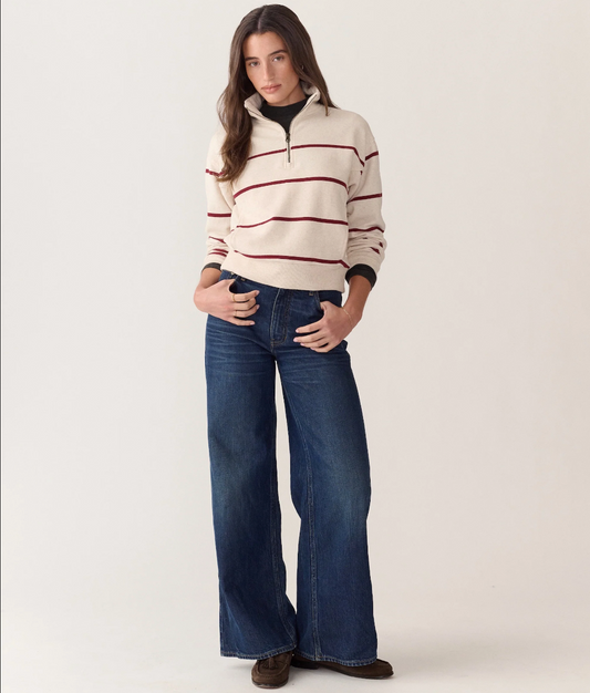 Cloud 9 Fleece Half Zip - Oatmeal & Cabernet Stripe